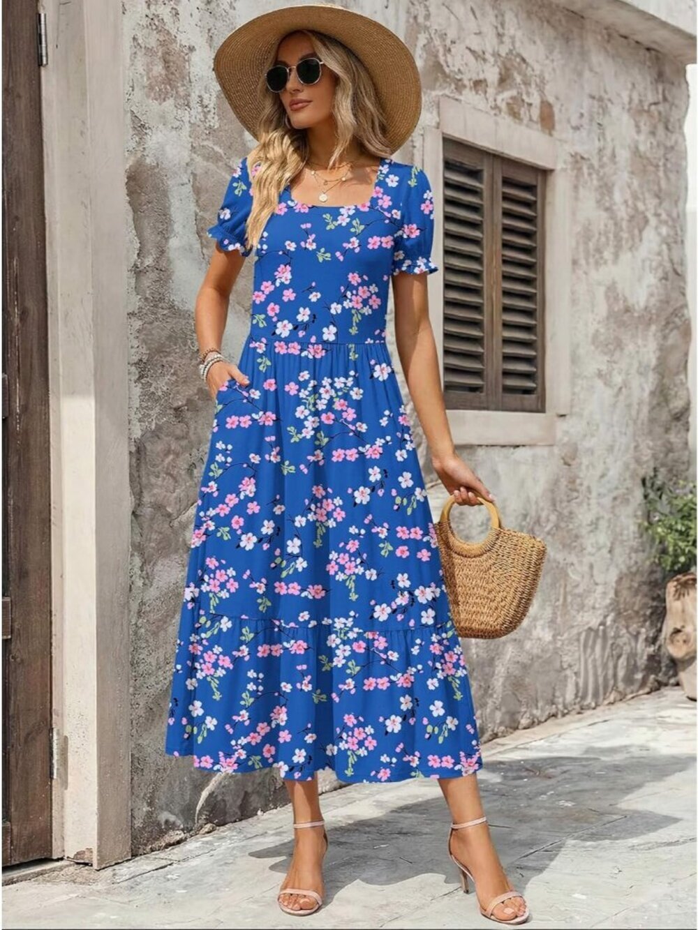 Zeagoo Women's Floral  Printed Flowy Casual Short Sleeve Tiered Midi Maxi Dress - Picture 2 of 6